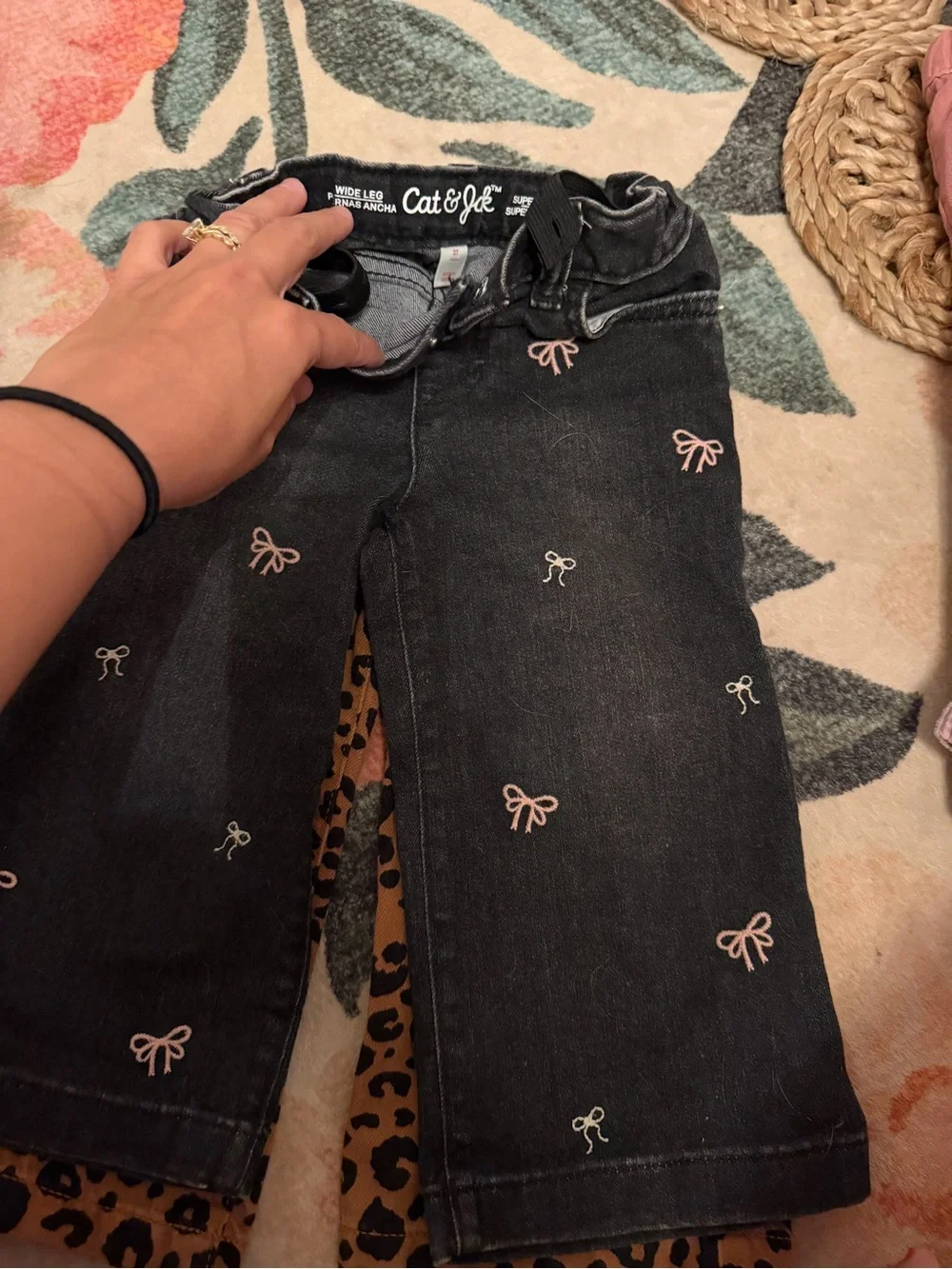 Cat & Jack Black Wide-Leg Jeans with Pink Bow Embroidery